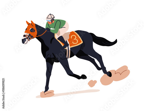 Horse racing, galloping on track with jockey horseback. Equine rider on racehorse, running and rushing stallion. Professional equestrian sport. Flat vector illustration isolated on white background