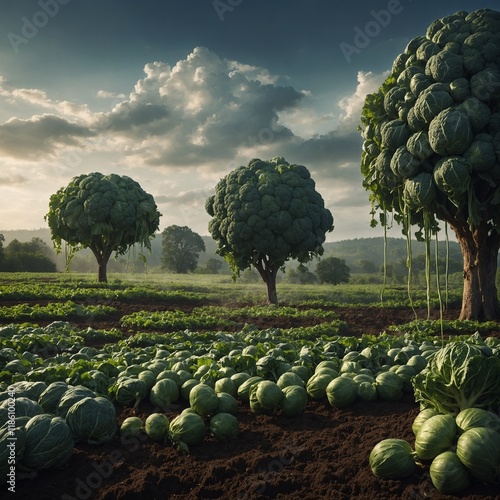 Paint a surreal landscape where vegetables grow to the size of trees.