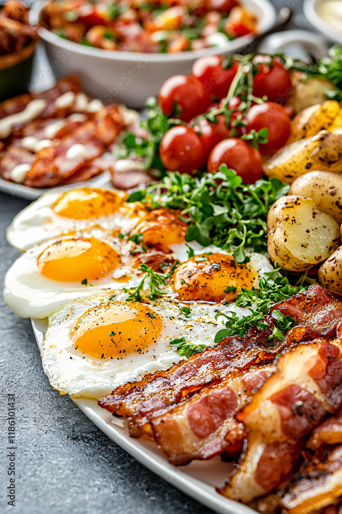 gourmet breakfast spread, runny yolks, maple bacon, herbed potatoes gourmet breakfast spread, runny yolks, maple bacon, herbed potatoes