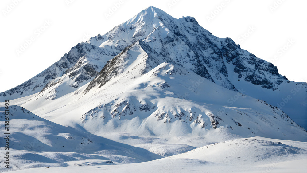 Obraz premium Winter mountain landscape isolated on a transparent background, with options for PNG, cutout, or clipping path. 