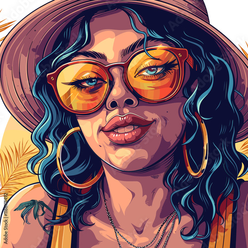 Vector illustration of a beautiful hippie girl in hat and sunglasses.