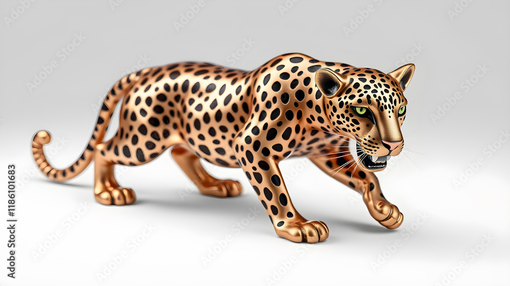 Obraz premium Leopard metallic 3D image of bronze leopard on white background. Generative AI