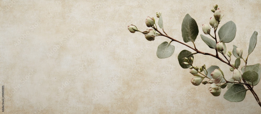 textured antique paper background featuring a flowering Eucalyptus camaldulensis branch. with copy space image. Place for adding text or design textured antique paper background featuring a flowering Eucalyptus camaldulensis branch. with copy space image. Place for adding text or design