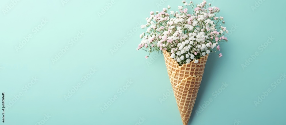 Obraz premium Waffle cone adorned with lovely gypsophila flowers on a colored background Summer theme Copy space top view