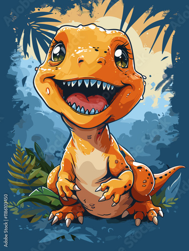 Cute cartoon tyrannosaurus on grunge background. Vector illustration.