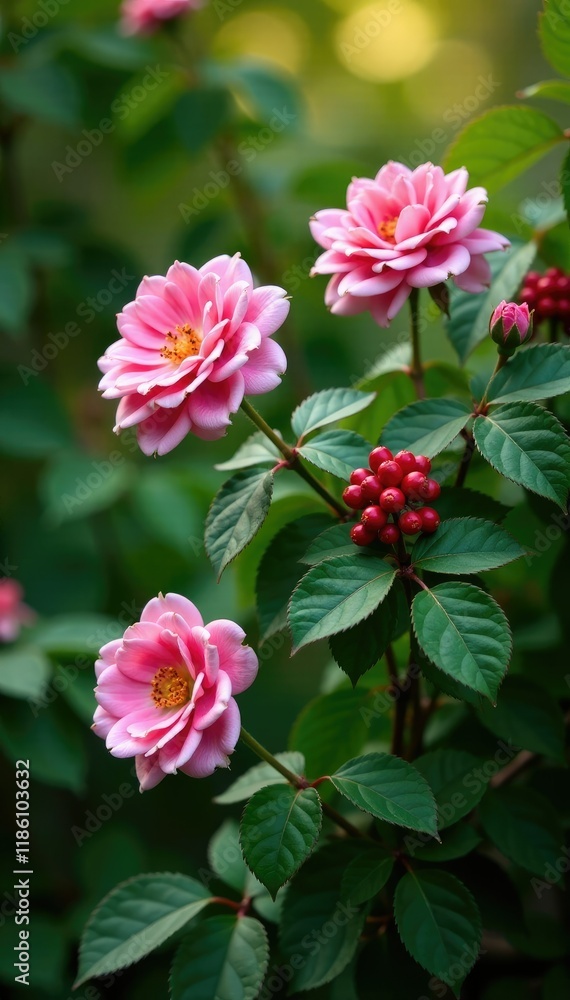 Wild rose bush laden with juicy red berries amidst lush green leaves, pink roses, wild rose, nature Wild rose bush laden with juicy red berries amidst lush green leaves, pink roses, wild rose, nature