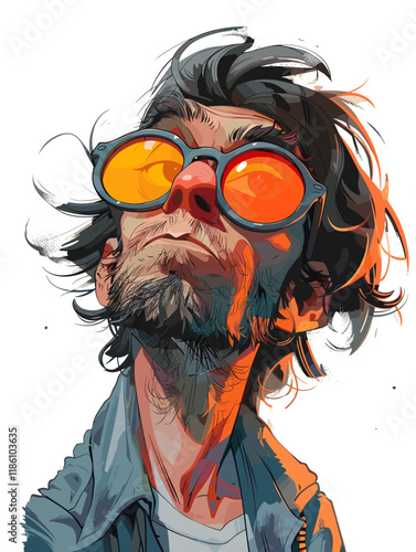 Cartoonish man with a beard and glasses is wearing orange sunglasses. He has a serious expression on his face