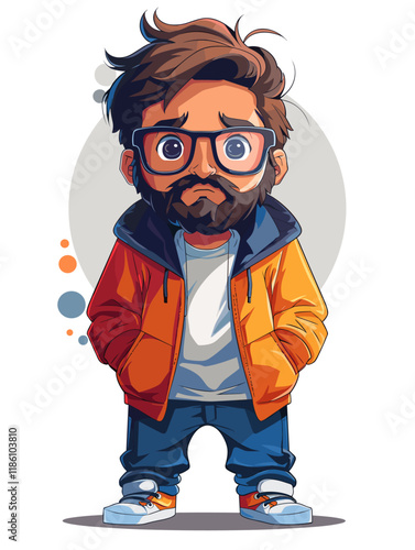 Cartoon man with glasses and a beard is wearing an orange jacket and blue jeans. He is standing in front of a white background