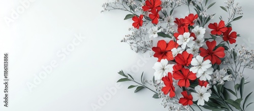 Bouquet of red and white spring blooms on a white background top view. with copy space image. Place for adding text or design