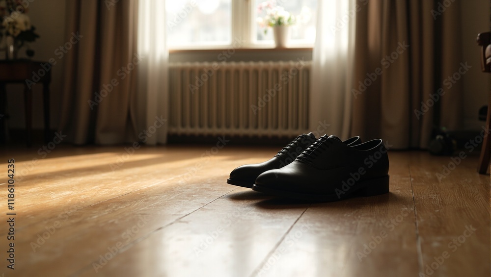 Luxurious black leather shoes on polished floor sunlight enhances smooth texture modern elegant room Luxurious black leather shoes on polished floor sunlight enhances smooth texture modern elegant room