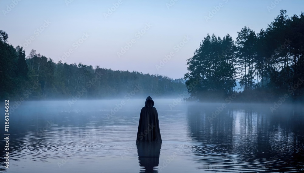 Obraz premium Mysterious figure in dark cloak standing in misty water near forest during early morning