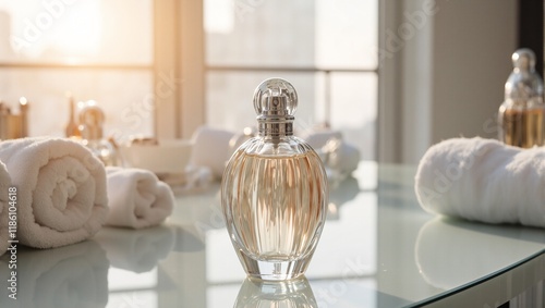 Elegant perfume bottle on mirrored vanity with soft lighting and plush towels Sunlight highlights curves photo