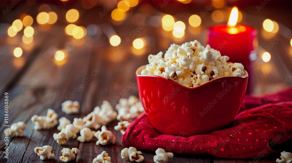 Delicious popcorn in red bowl, surrounded by festive lights and candle, creating cozy atmosphere for movie night Delicious popcorn in red bowl, surrounded by festive lights and candle, creating cozy atmosphere for movie night