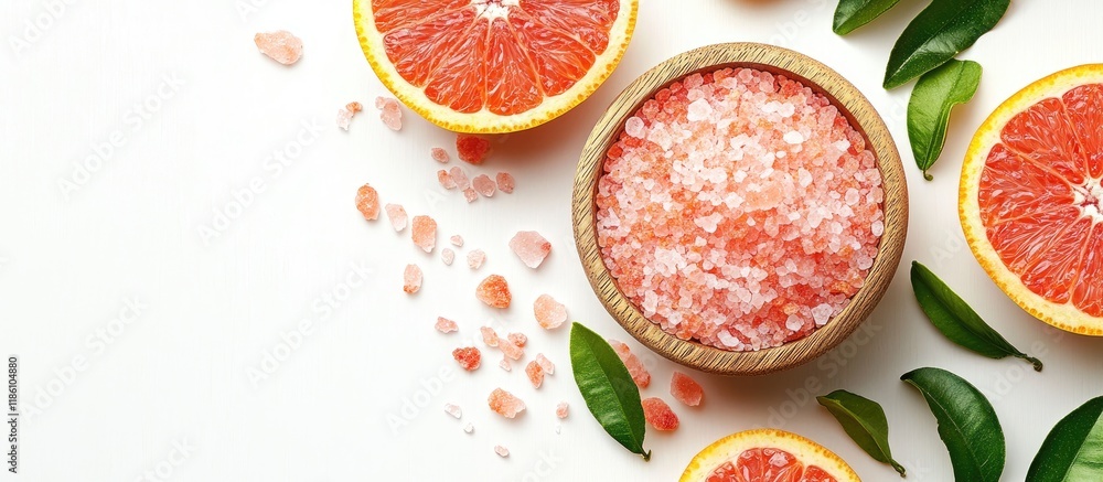 Natural citrus cosmetics Spa salt beside grapefruit on a white background top view copyspace Natural citrus cosmetics Spa salt beside grapefruit on a white background top view copyspace
