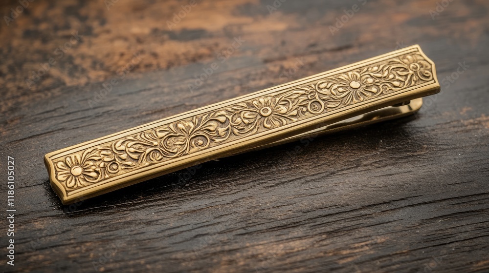 Golden collar clip with intricate engravings, placed on a dark wooden backdrop for contrast. Golden collar clip with intricate engravings, placed on a dark wooden backdrop for contrast.