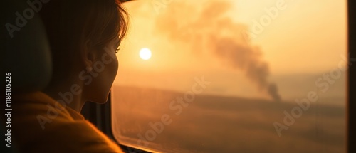 Evacuee Gazing Out Bus Window, Smoky Horizon Beyond, Reflecting Hope and Uncertainty, Emotional Journey Captured photo