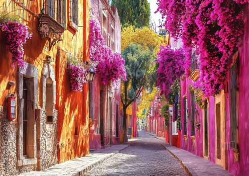 San Miguel de Allende's charming Mexican heritage is vividly displayed through its vibrant colonial architecture, with cobblestone streets decorated by blooming flowers, ornate balconies, and photo