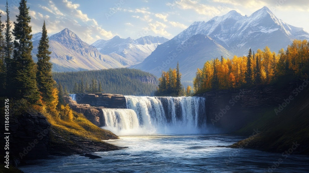 Fototapeta premium Majestic Waterfall Cascading Down Rocky Cliffs With Snowy Mountain Background