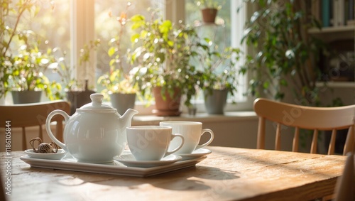 Wallpaper Mural Elegant tea set on wooden table in sunlit dining room with golden light porcelain cups  teapot green plants outside Torontodigital.ca