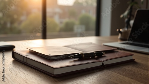 Wallpaper Mural Luxurious leather notebook and fountain pen on a wooden desk bathed in warm morning sunlight showcasing fine craftsmanship Torontodigital.ca