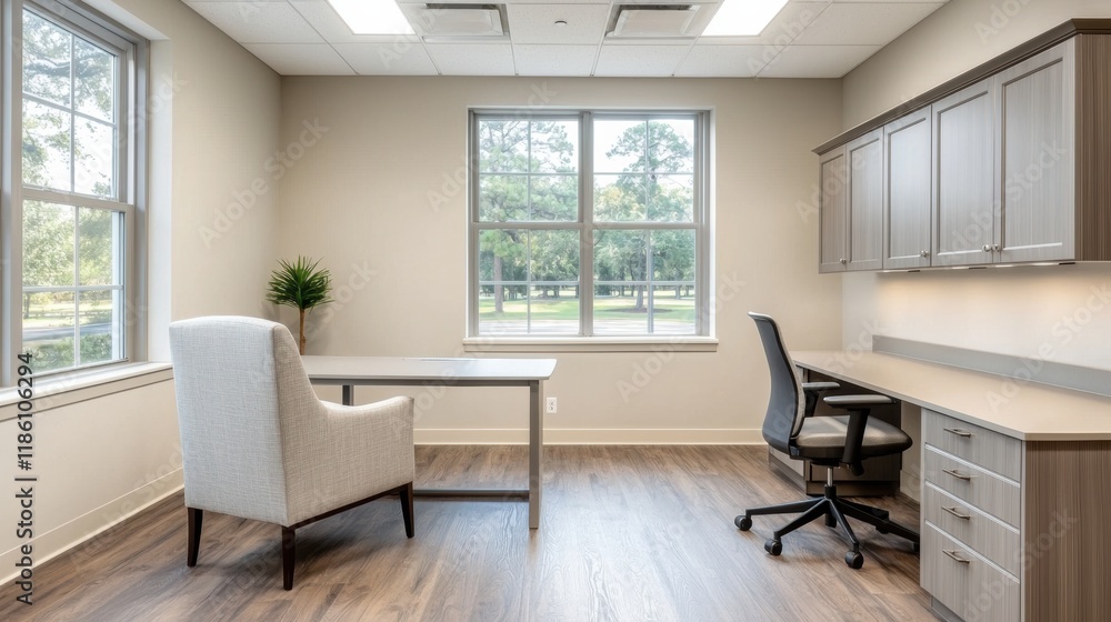 Fototapeta premium Modern home office with ergonomic chair and large windows showcasing nature