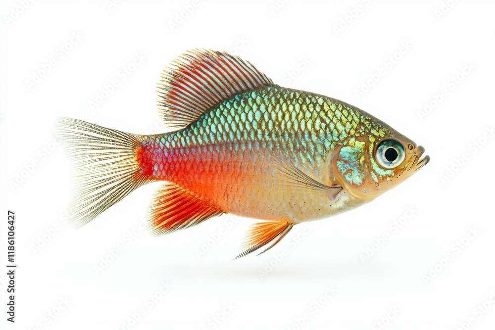 A vibrant fish with colorful scales, featuring hues of green, orange, and blue, swimming gracefully against a white background. A vibrant fish with colorful scales, featuring hues of green, orange, and blue, swimming gracefully against a white background.