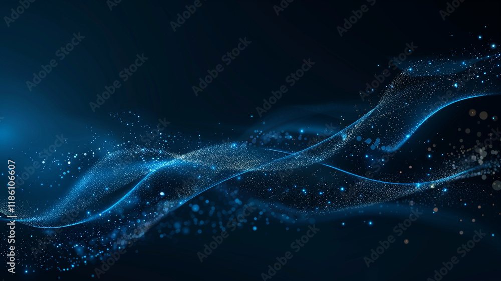 Abstract blue wave with sparkling particles creating dynamic flow, evoking sense of motion and energy in dark background Abstract blue wave with sparkling particles creating dynamic flow, evoking sense of motion and energy in dark background