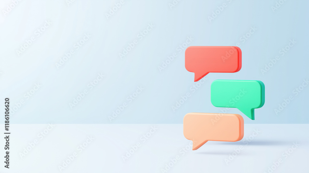 Colorful speech bubbles floating against light background, symbolizing communication and conversation Colorful speech bubbles floating against light background, symbolizing communication and conversation