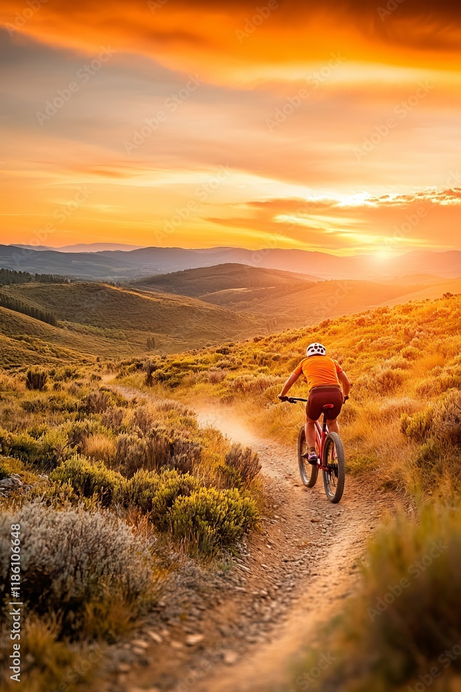 Beautiful sunset mountain biking adventure through scenic trails in the hills