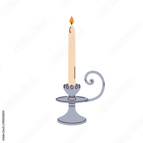 Vintage candlestick with tall taper candle. Silver metal candleholder in retro style. Old holder, light decoration, pillar in chamberstick. Flat vector illustration isolated on white background