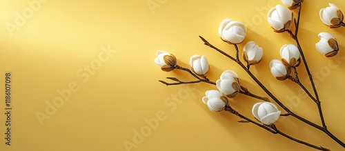 Cotton flowers on a yellow ...