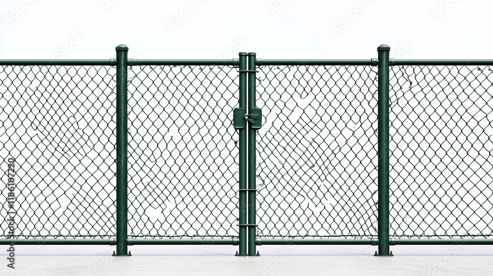 Wire fence with gates on green grass. Metal chain link mesh, barrier isolated on white background. Rabitz, perimeter protection segments separated with poles, Realistic 3d vector illustration Wire fence with gates on green grass. Metal chain link mesh, barrier isolated on white background. Rabitz, perimeter protection segments separated with poles, Realistic 3d vector illustration
