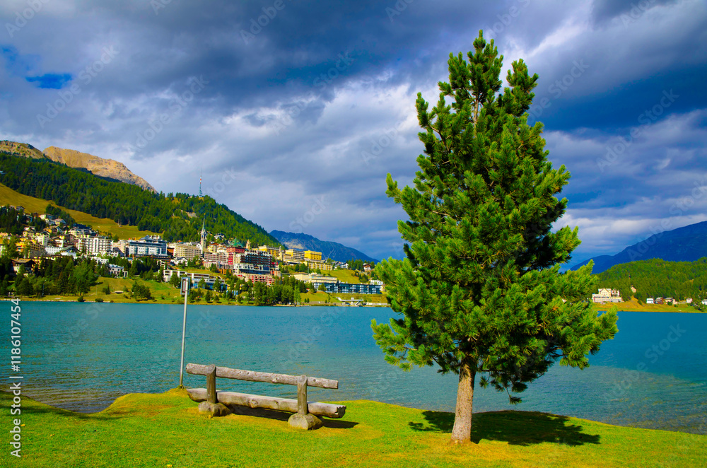 Fototapeta premium St Moritz City and Lake in a Sunny Day with Overcast in Grisons, Switzerland.