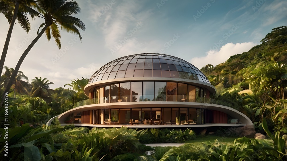 Obraz premium contemporary dome-shaped residence surrounded by lush tropical forest. curved and round glass panels and the organic forms of vegetation 