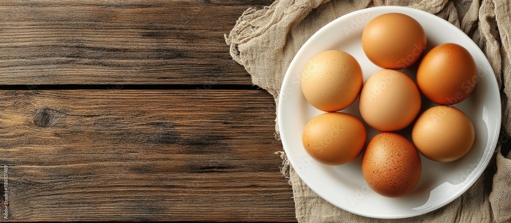 Fresh farm eggs on a rustic wooden background Top view with copy space Eggs on a mat plate against a white background Fresh farm eggs on a rustic wooden background Top view with copy space Eggs on a mat plate against a white background