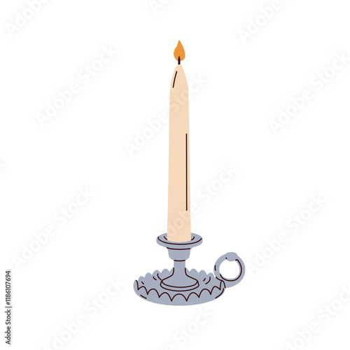Taper candle in vintage candlestick. Silver metal candleholder, pillar holder...