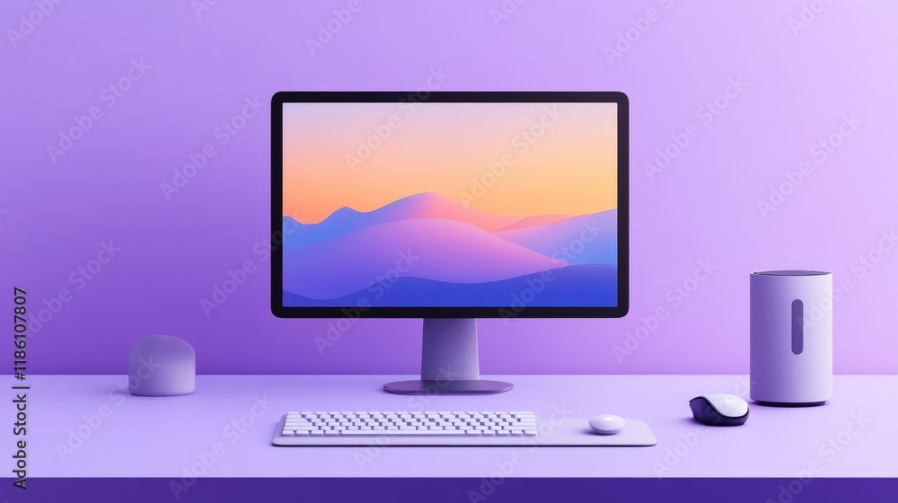 Minimalist desk setup with a single monitor, keyboard, and mouse on a gradient purple backdrop. Minimalist desk setup with a single monitor, keyboard, and mouse on a gradient purple backdrop.