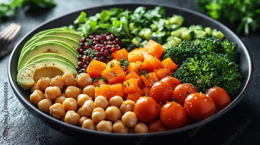 Vibrant Bowl Filled with Fresh Cherry Tomatoes, Avocado, Broccoli, Chickpeas, and Healthy Vegetables for Clean Eating and Nutrition Vibrant Bowl Filled with Fresh Cherry Tomatoes, Avocado, Broccoli, Chickpeas, and Healthy Vegetables for Clean Eating and Nutrition