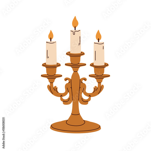 Vintage candelabrum with taper candles. Light decoration, three-branched candleholder. Retro metal brass holder in old medieval style. Flat graphic vector illustration isolated on white background