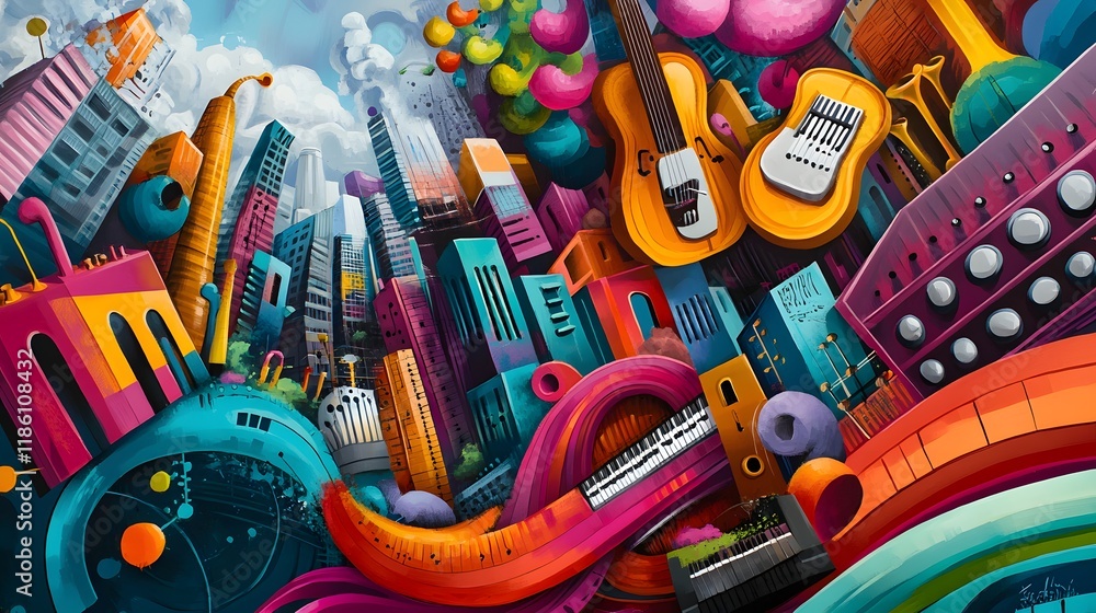 Fototapeta premium Vibrant Cityscape Musical Instruments Art