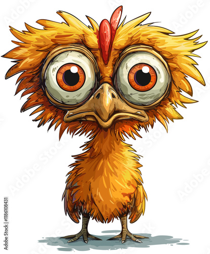 Cartoon chicken with big eyes and a messy, unkempt appearance. The chicken is looking at the camera with a surprised expression