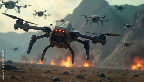 Futuristic combat drones swarm over battlefield. Aerial assault depicted in cinematic scene. Modern tech in warfare displayed. Strategic coordinated drone attack. Autonomous drones in action. photo