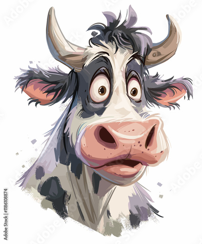 Illustration of a cow with a funny expression on a white background