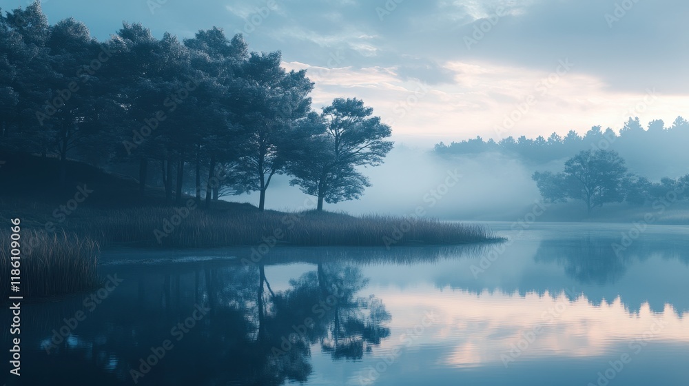 Tranquil Foggy Morning by the Lake with Silhouetted Trees Tranquil Foggy Morning by the Lake with Silhouetted Trees