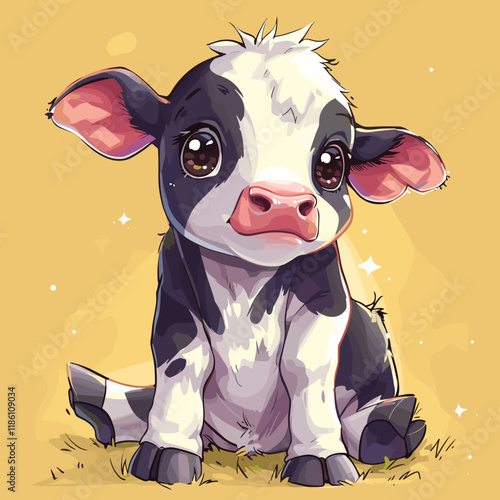 Cute cartoon cow sitting on the grass. Vector illustration on yellow background.