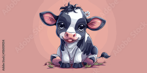 Cute cartoon cow sitting on the grass. Vector illustration for your design