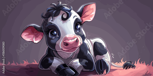 Cute cartoon cow sitting on the ground. Vector illustration for your design