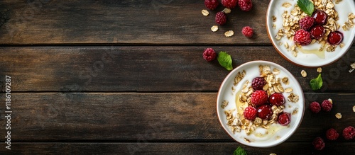 Fototapeta Naklejka Na Ścianę i Meble -  Morning meal breakfast Muesli cereal with fruits and red berries Yogurt for the muesli and milk in ceramic dishes Dark brown wooden background rustic style Top view and copy space