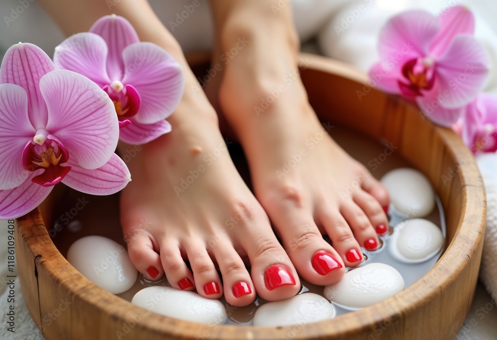 Beautiful female feet enjoy relaxing pedicure at spa salon. Red nail polish highlights toes, feet in wooden bowl filled with water, smooth stones. Pink orchid flowers enhance spa atmosphere. Care, Beautiful female feet enjoy relaxing pedicure at spa salon. Red nail polish highlights toes, feet in wooden bowl filled with water, smooth stones. Pink orchid flowers enhance spa atmosphere. Care,