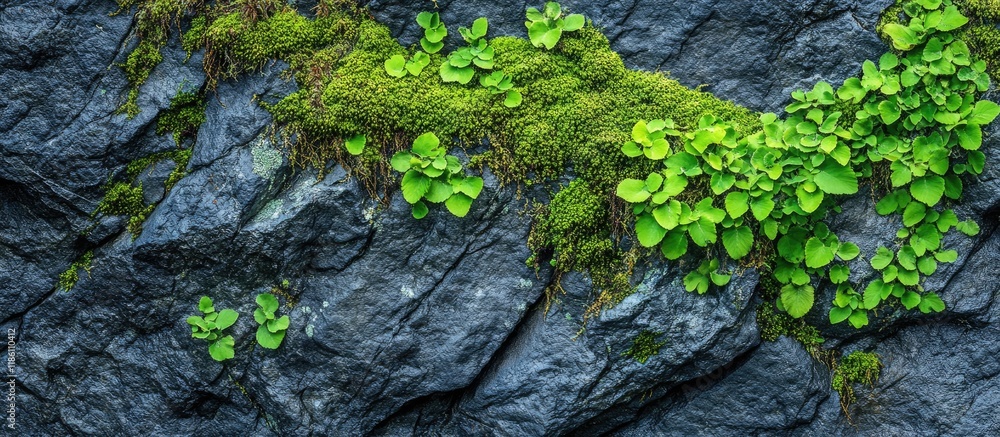 Vibrant green leaves against a backdrop of moss covered rough rock Close up of the intricate texture of a mountain stone surface adorned with mosses and lichens Lush vegetation of the highlands Flo